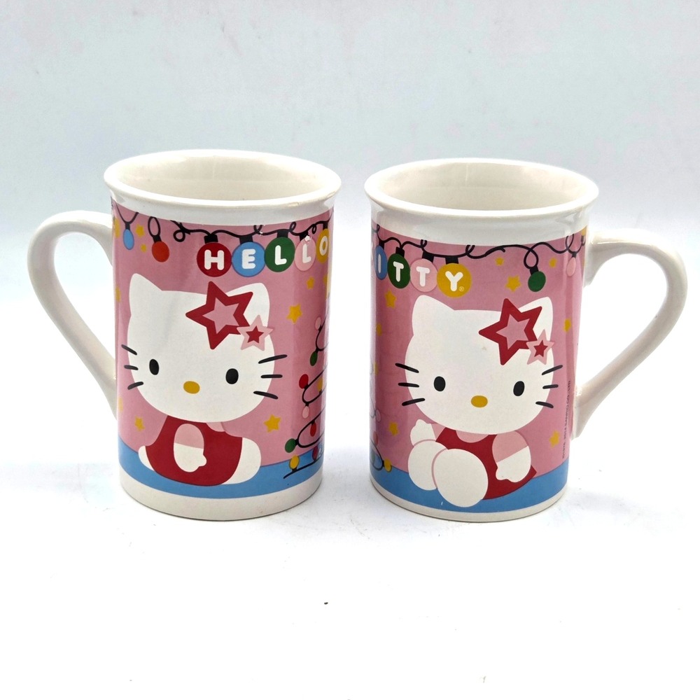Hello Kitty Sanrio Christmas Holiday Lights PINK Ceramic Mugs Set of (2) Cute!